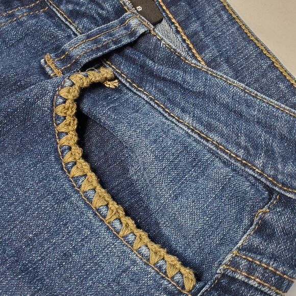 8 CROCHETED TRIM POCKETS BOHO KIKT WIDE LEG FLARE BLUE TAN BOHEMIAN JEANS - Picture 6 of 15
